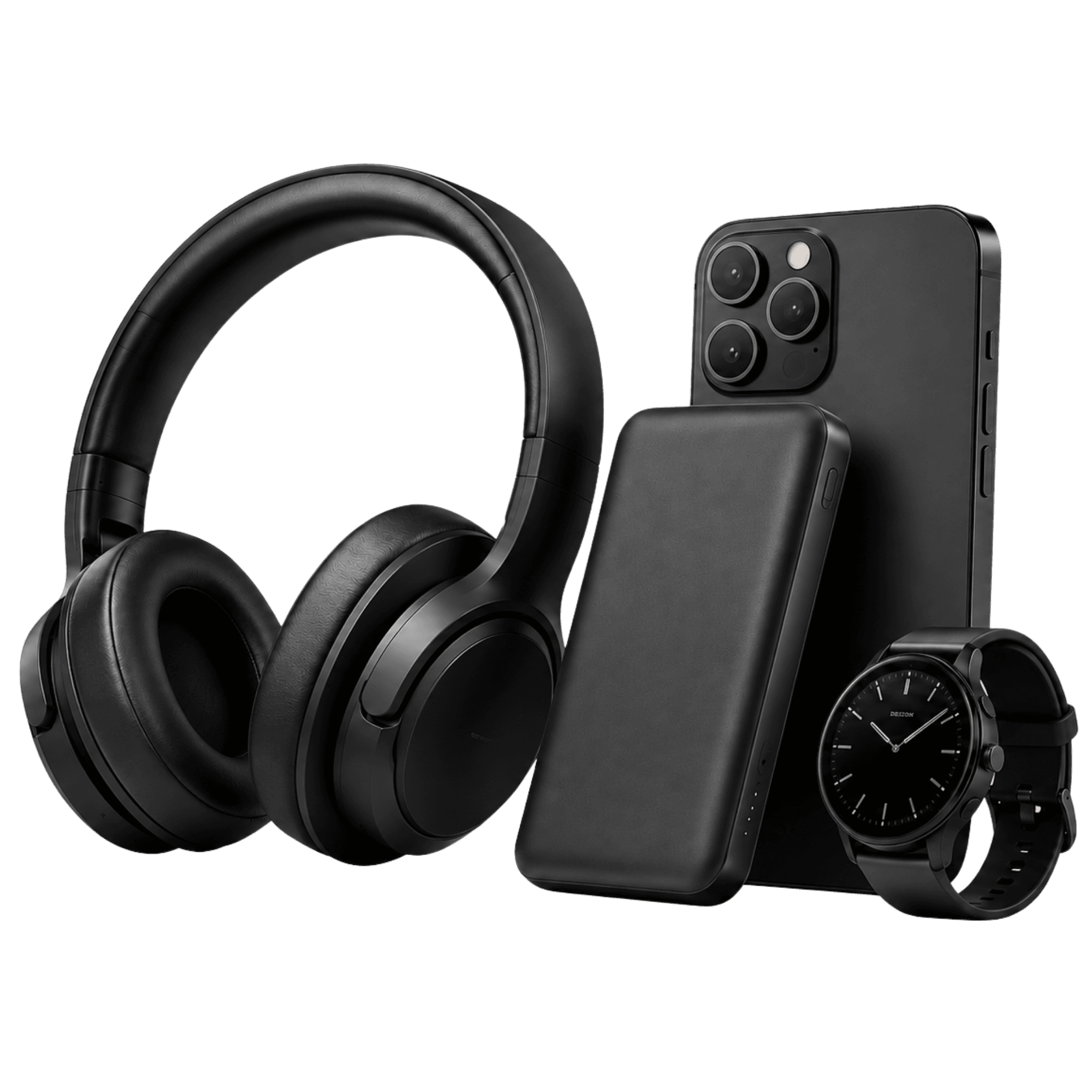 Premium AYCO tech accessories: headphones, phone, power bank, and smartwatch